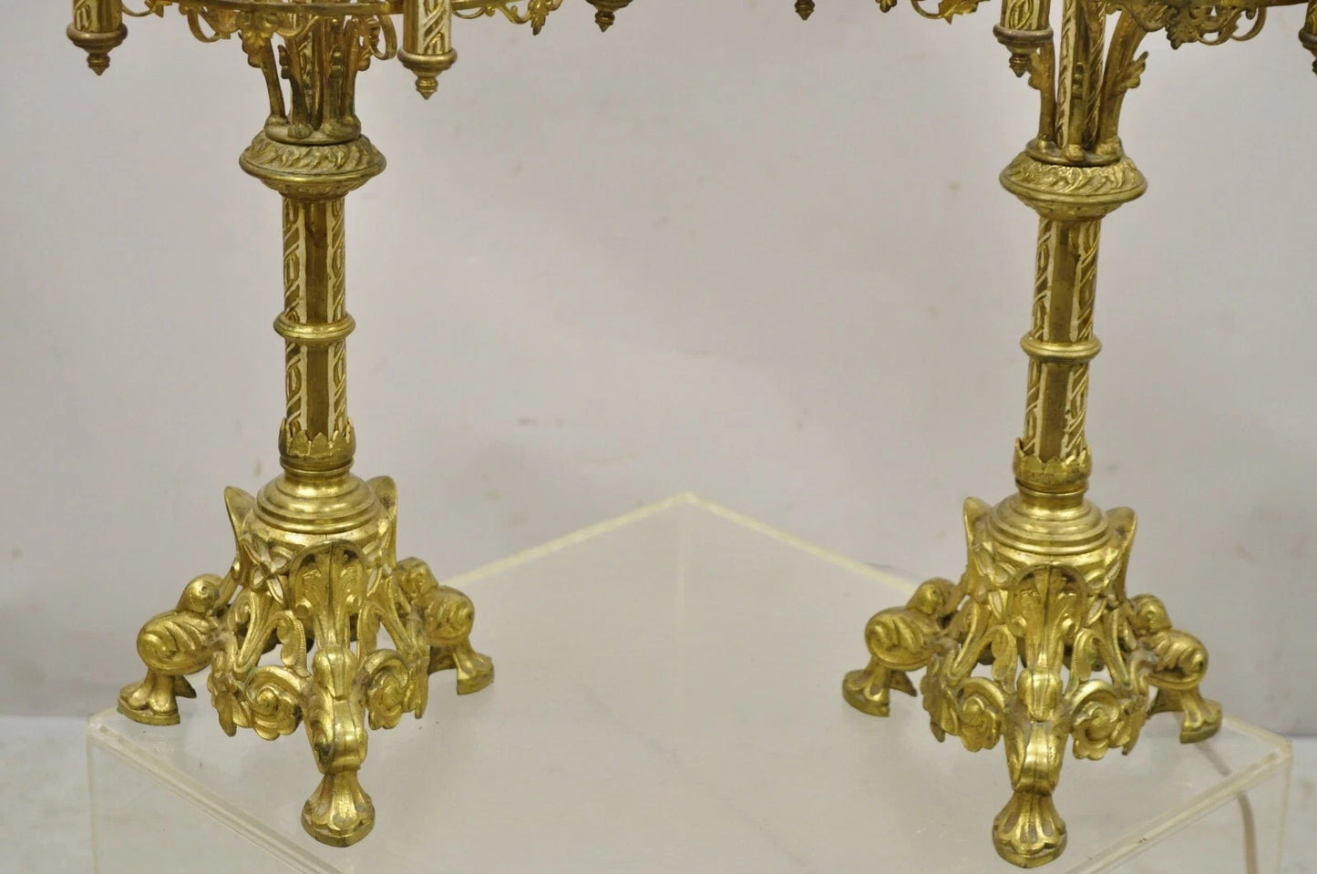 Antique Gothic Revival Gold Bronze Figural Candelabra Table Lamps - a Pair