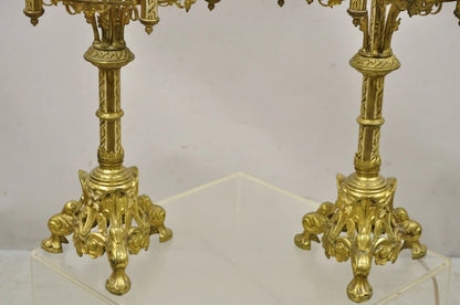 Antique Gothic Revival Gold Bronze Figural Candelabra Table Lamps - a Pair