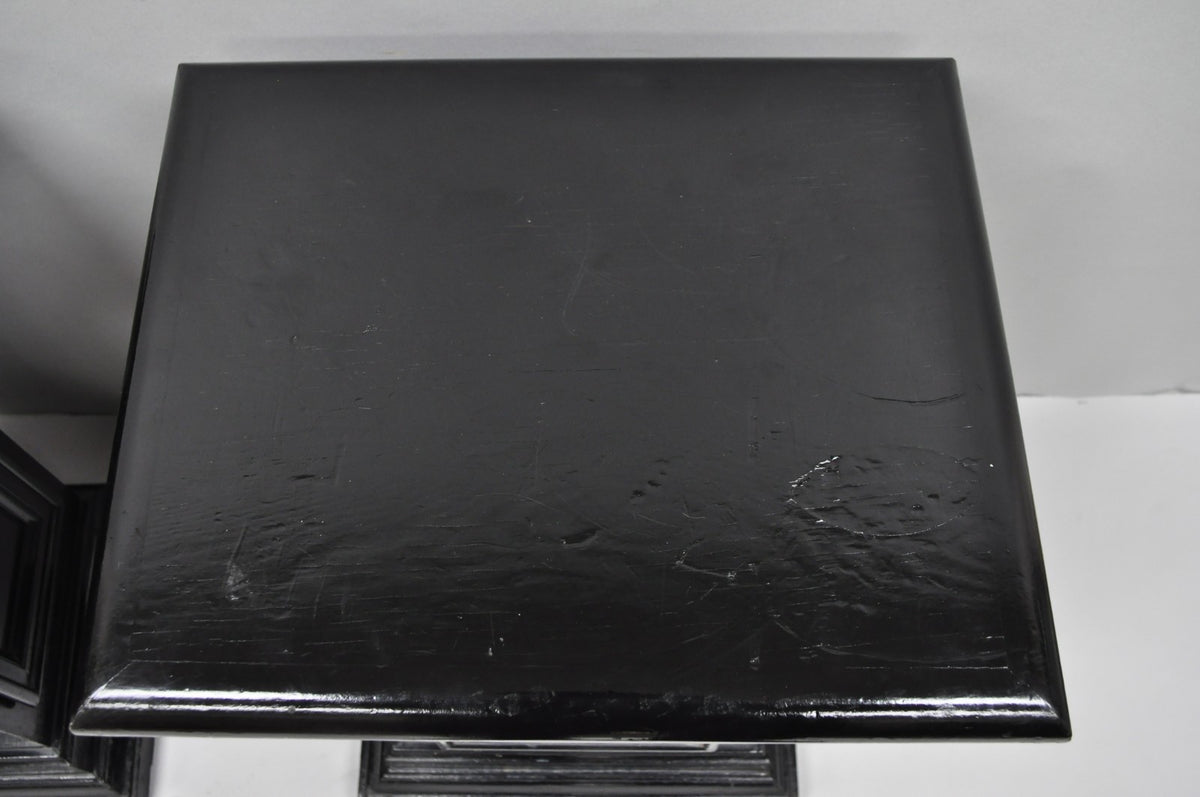 Vintage French Empire Style Black Lacquer Painted Pedestal Column End Table Pair