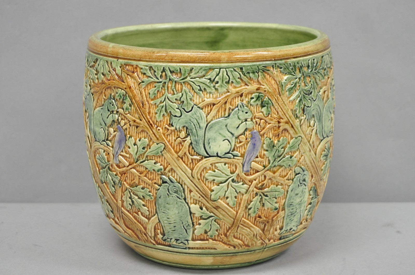 Weller Clinton Art Pottery Green Glazed Squirrel & Acorn Planter Jardinière