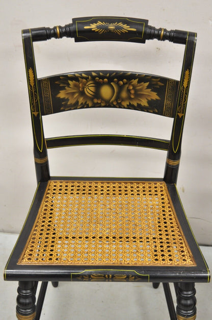 Vintage L. Hitchcock Black Stencil Harvest Decorated Cane Side Chair - a Pair