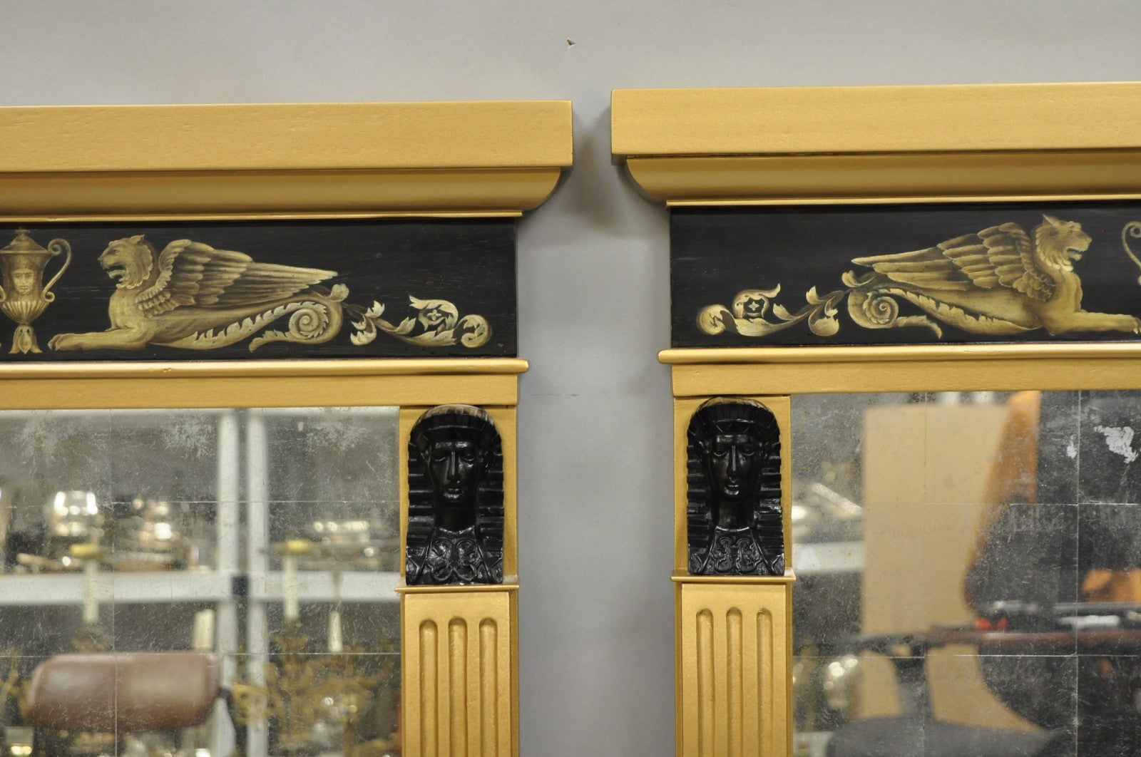 Vintage English Regency Egyptian Revival Style Sphinx Gold Wall Mirrors - a Pair