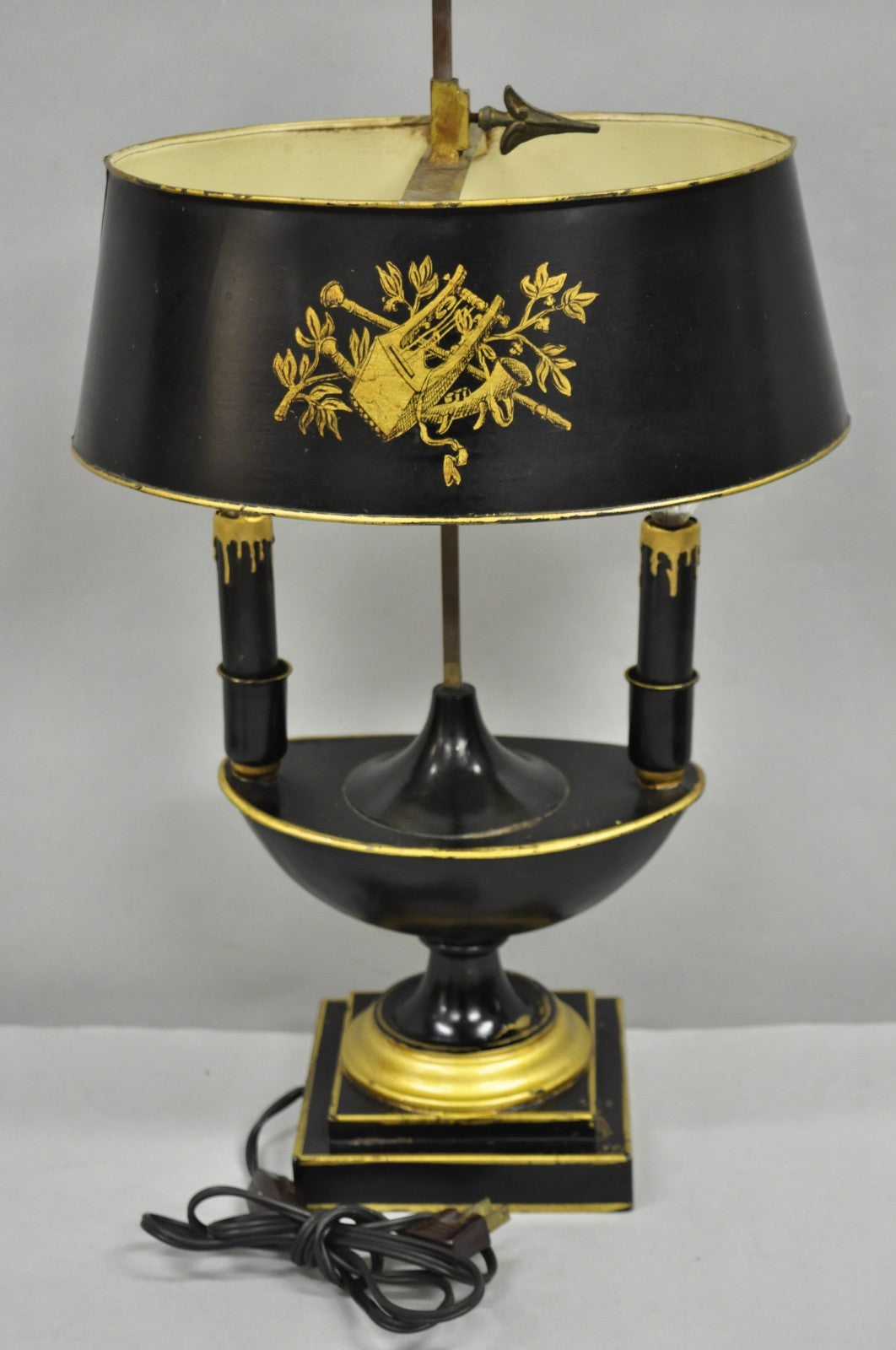 Antique French Empire Black & Gold Tole Metal Urn Bouillotte Table Lamp w Shade