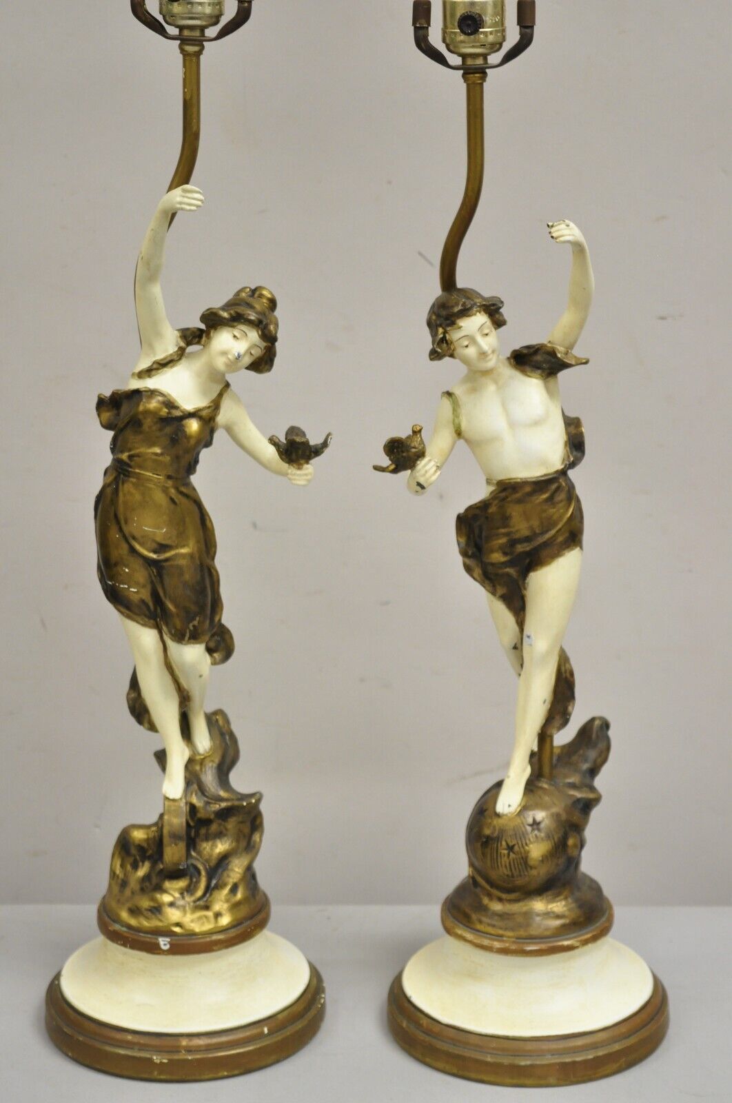 Antique French Victorian Figural Metal Man and Woman Moreau Table Lamps - a Pair