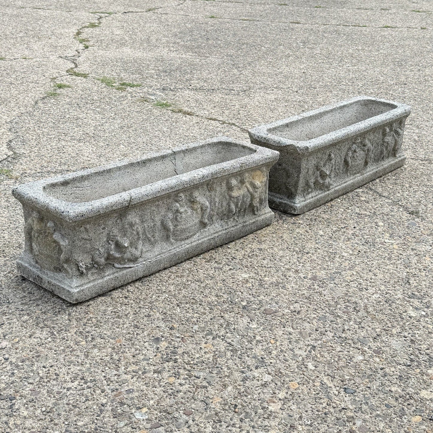 Vintage Neoclassical Style Concrete Cherub 36" Long Garden Planter Pots - a Pair
