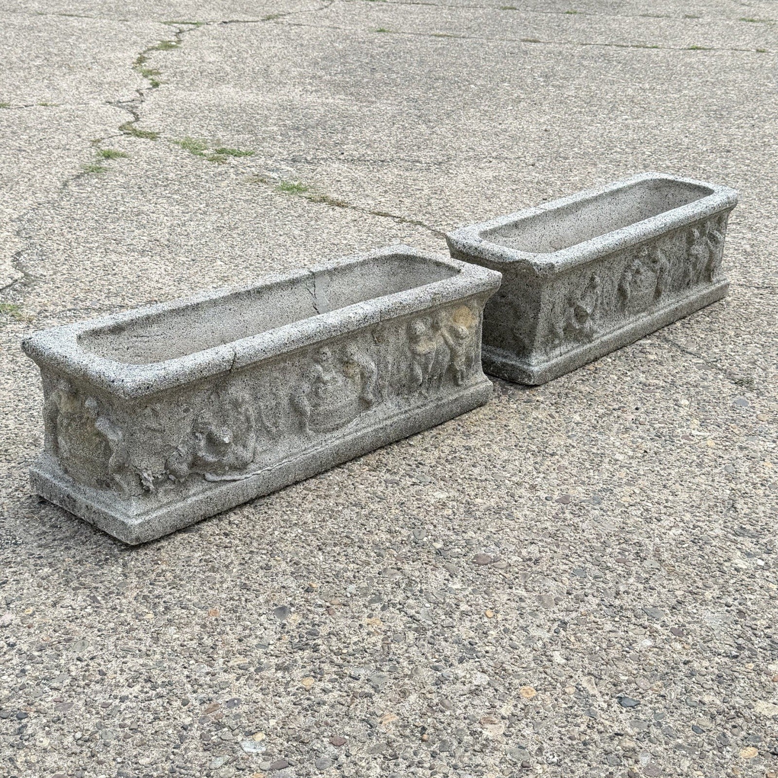 Vintage Neoclassical Style Concrete Cherub 36" Long Garden Planter Pots - a Pair