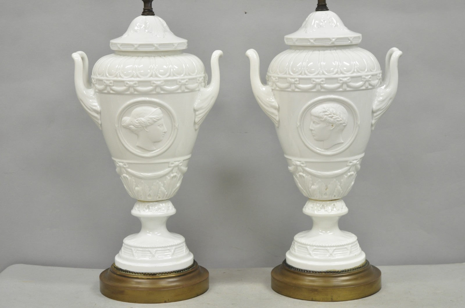 Antique Italian Neoclassical Greco Roman White Porcelain Urn Table Lamps - Pair