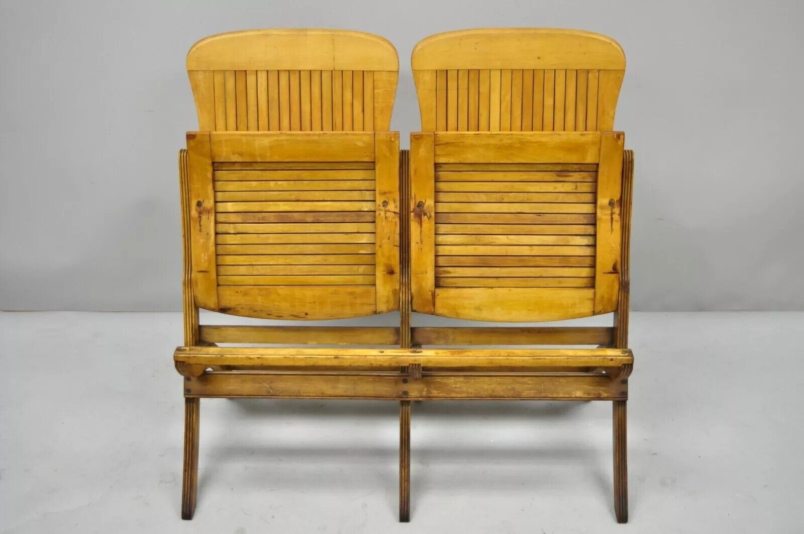 Antique Vintage Wood Slat Double Folding Theater Seat School Chair Old Bench