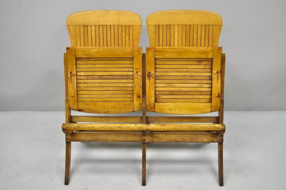 Antique Vintage Wood Slat Double Folding Theater Seat School Chair Old Bench