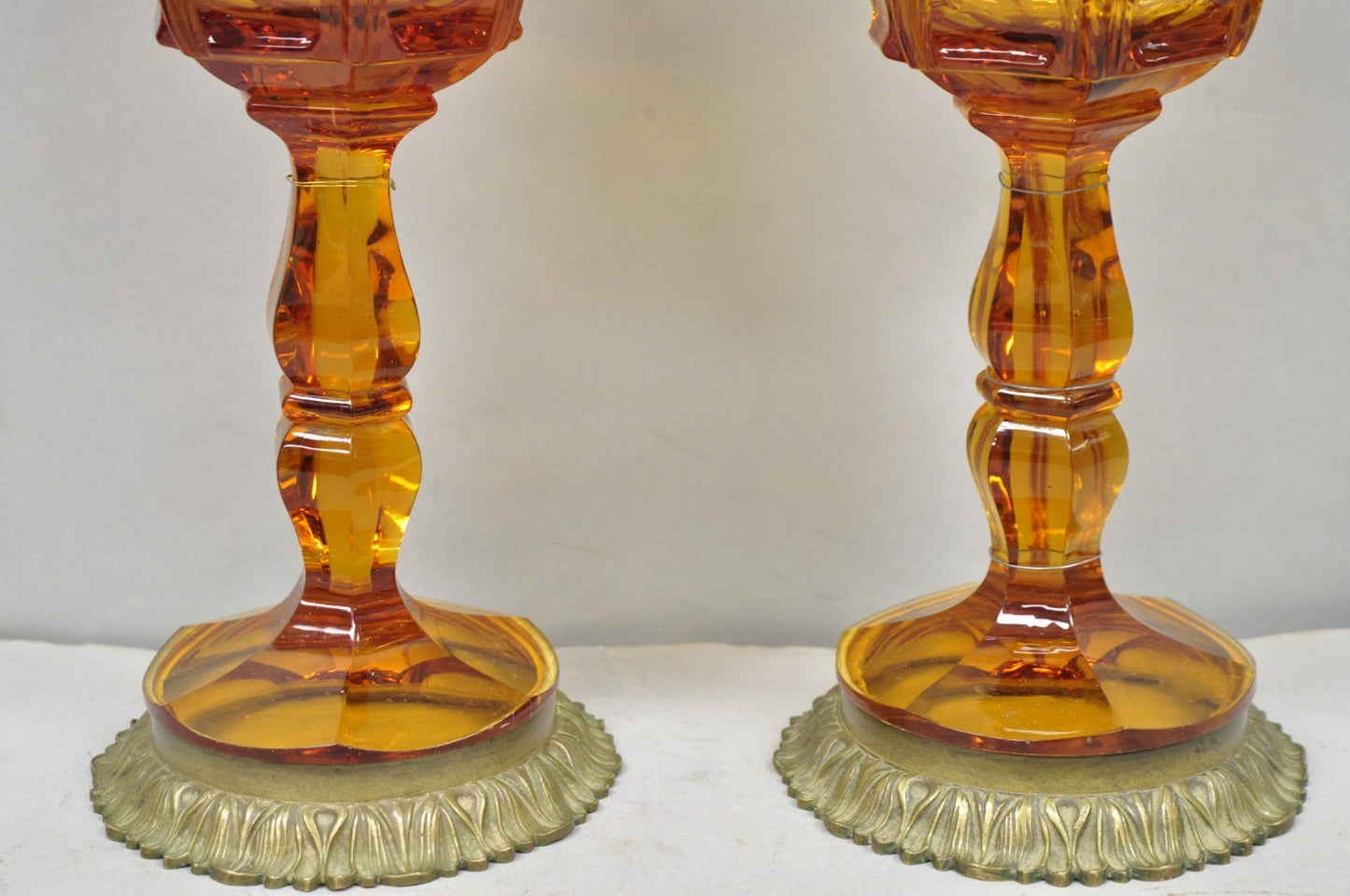 Antique French Victorian Amber Glass & Bronze Converted Oil Lamp Table Lamp Pair
