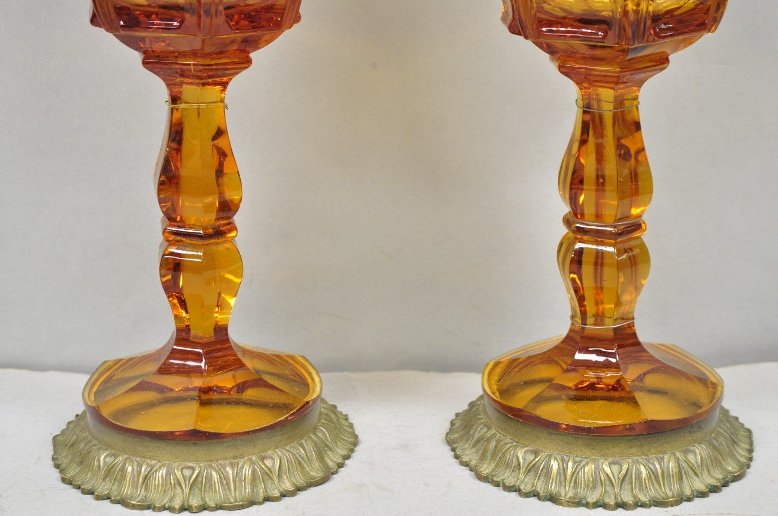 Antique French Victorian Amber Glass & Bronze Converted Oil Lamp Table Lamp Pair
