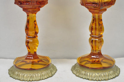 Antique French Victorian Amber Glass & Bronze Converted Oil Lamp Table Lamp Pair