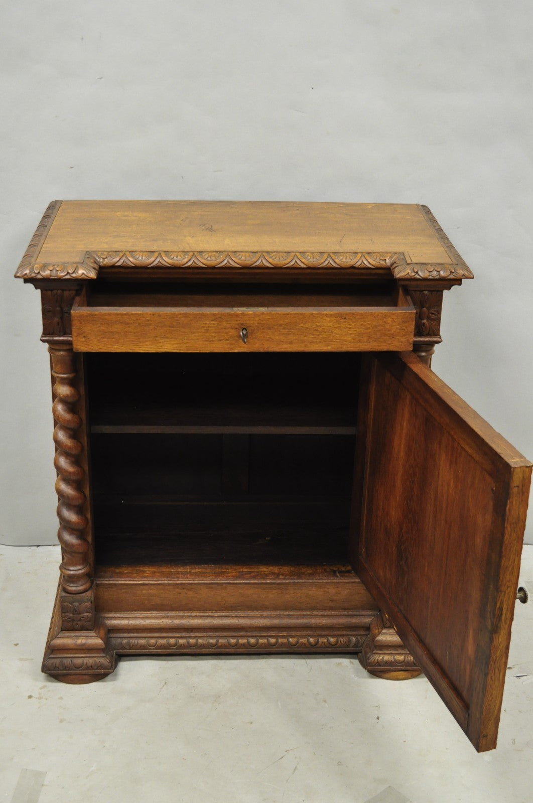 Antique Renaissance Revival Oak Wood Spiral Barley Twist Jelly Liquor Cabinet