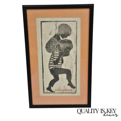 Vintage Helen Siegl "Piggy Back" 1950s Woodcut Print Framed Mid Century Art