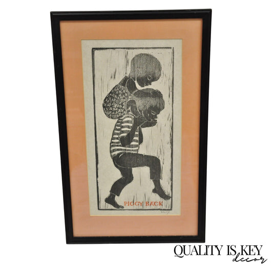 Vintage Helen Siegl "Piggy Back" 1950s Woodcut Print Framed Mid Century Art