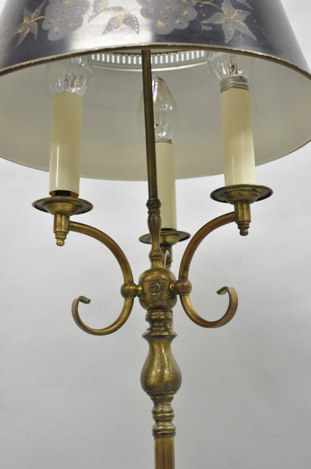 Vintage French Country Brass Reading Floor Pole Lamp with Tole Metal Shade