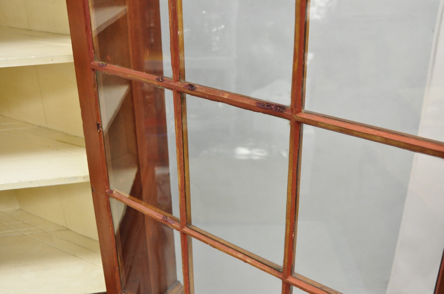 Antique Colonial Primitive Cherry Wood Glass Front Corner China Cabinet Cupboard