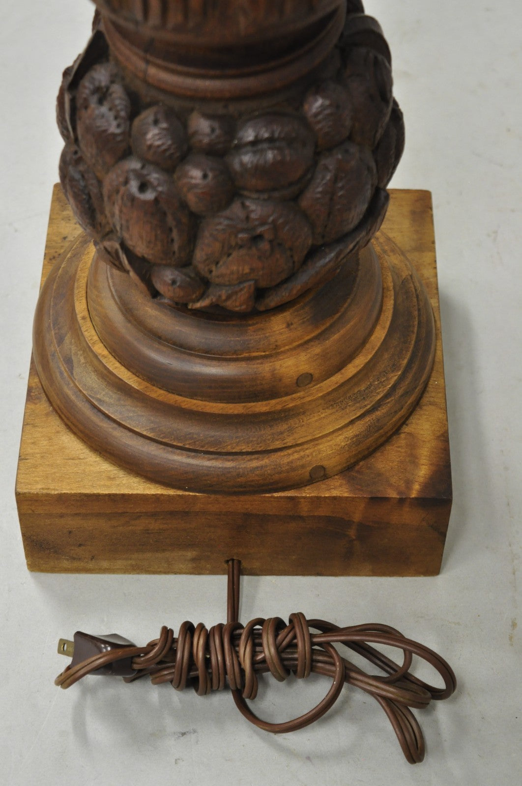 Antique French Country Reclaimed Harvest Carved Oak Wood Baluster Table Lamp