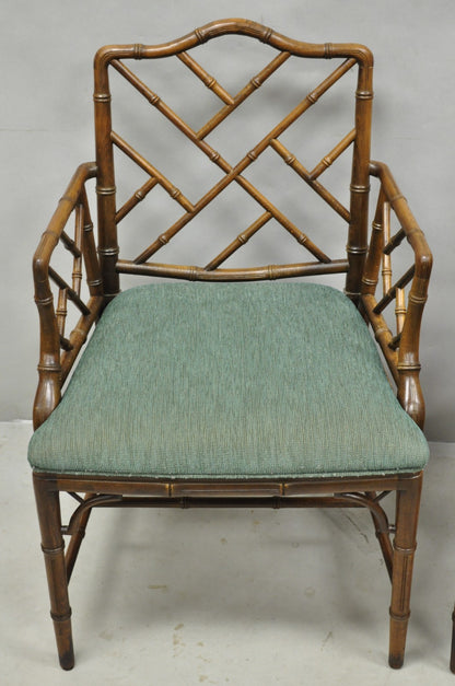 Vintage Chinese Chippendale Faux Bamboo Wood Fretwork Dining Arm Chairs - a Pair