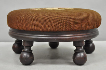 Antique Victorian Round Needlepoint Small Footstool Ottoman w/ 5 Walnut Bun Feet