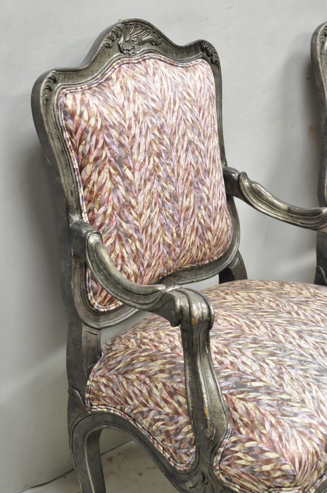 Vintage Italian Baroque Rococo Style Silver Leaf Gilt Lounge Arm Chairs - a Pair