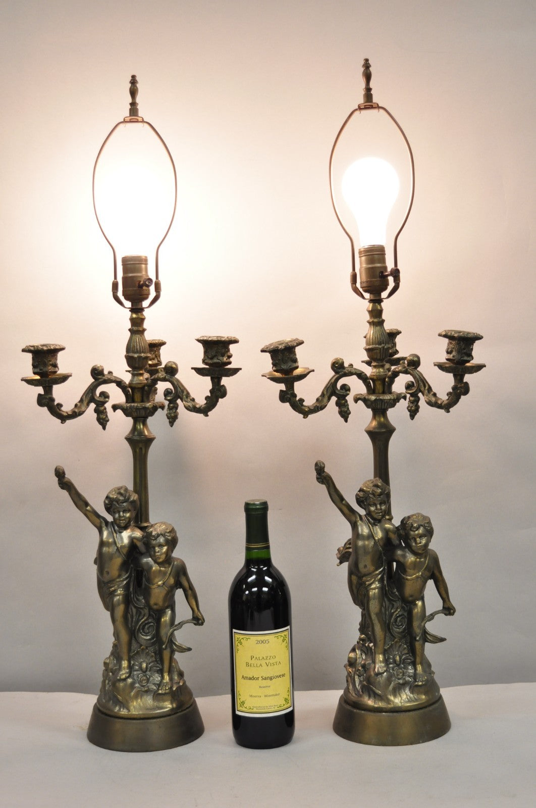 French Renaissance Figural Spelter Metal Cherub Candelabra Table Lamps - a Pair