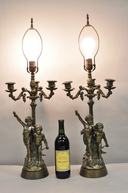 French Renaissance Figural Spelter Metal Cherub Candelabra Table Lamps - a Pair