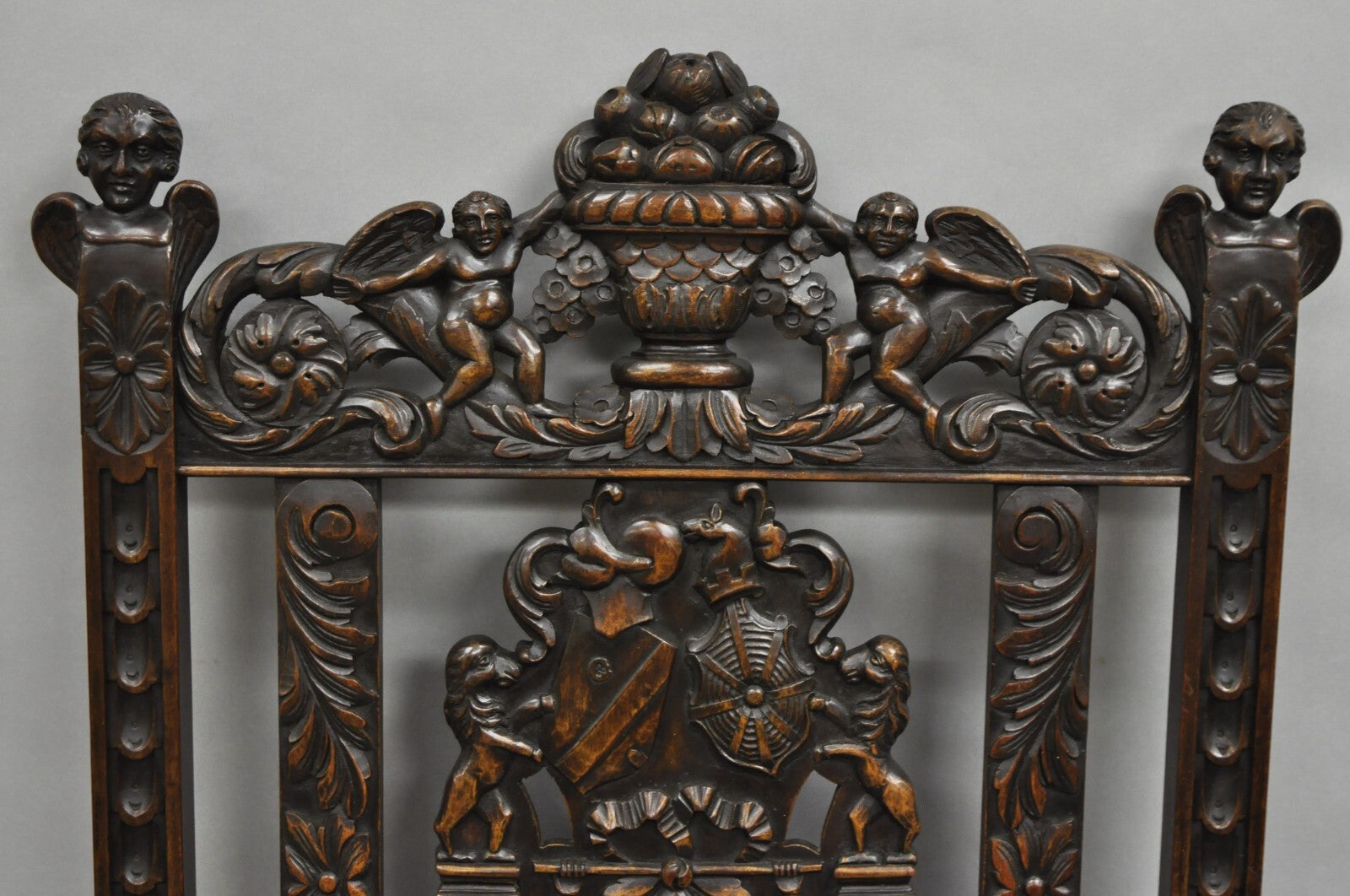 Antique Italian Renaissance Carved Walnut Throne Arm Chair w/ Winged Cherubs