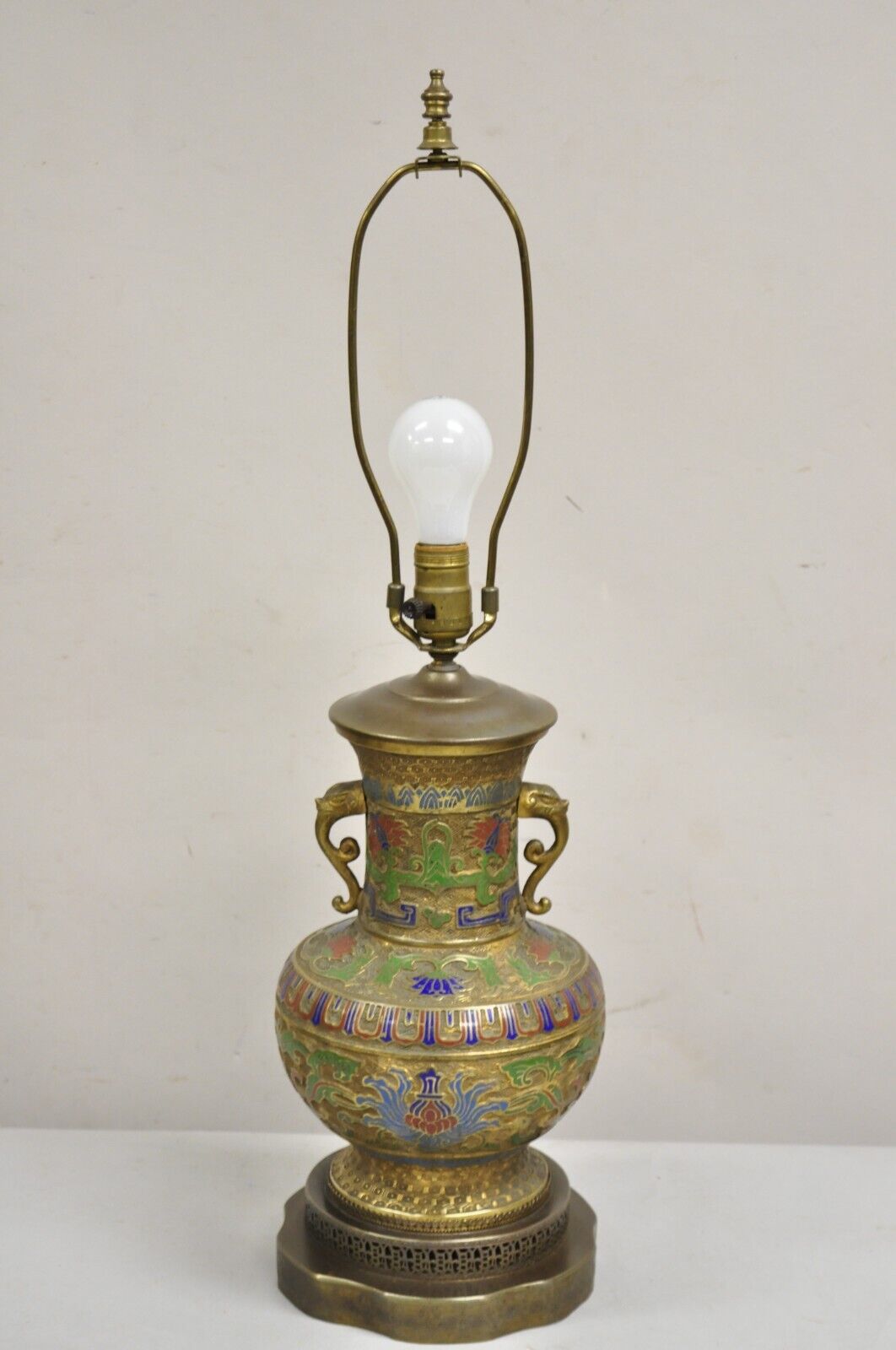 Vintage Middle Eastern Cloisonné Champlevé Blue Green Brass Table Lamp