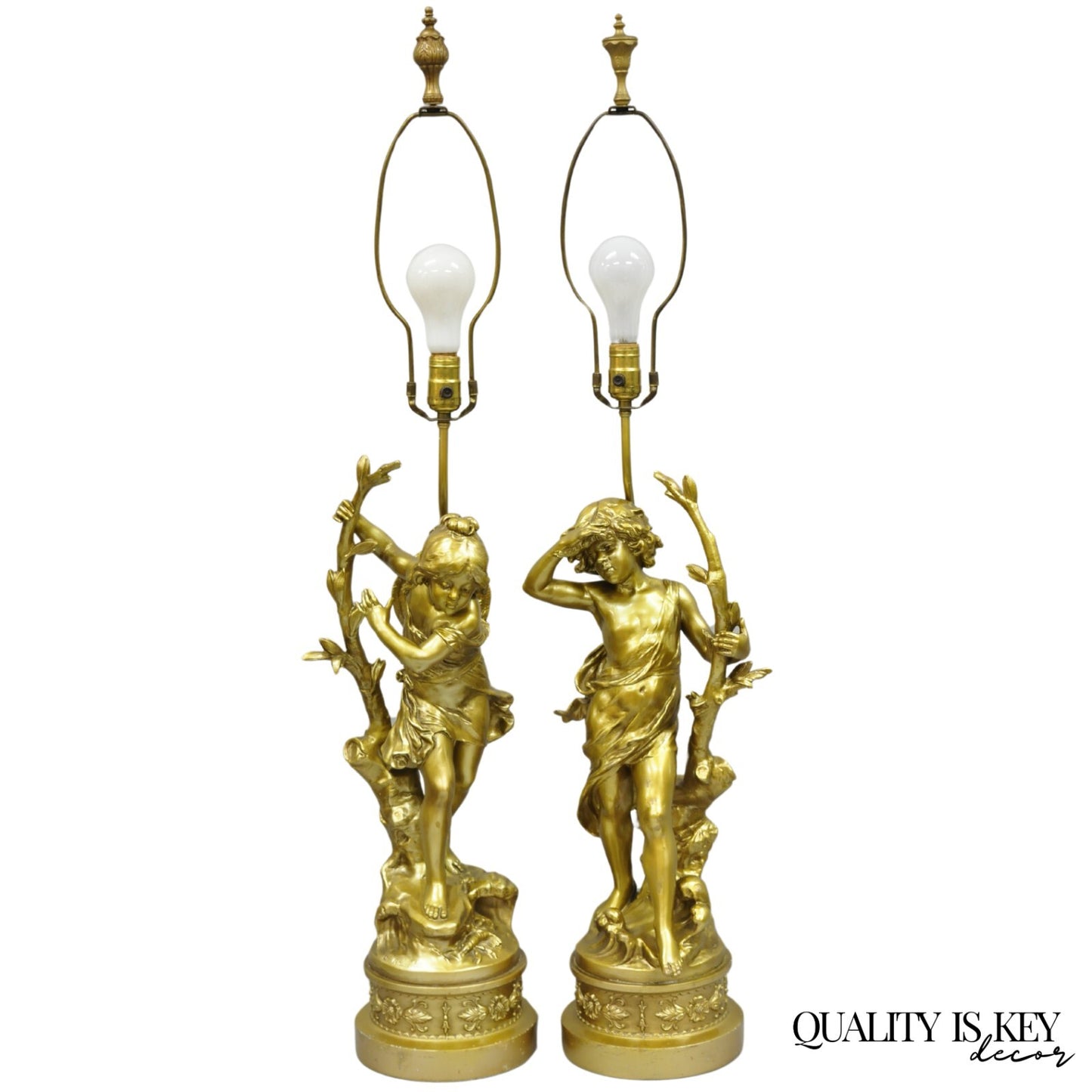 Antique L&F Moreau French Renaissance Gold Paint Metal Figural Table Lamps Pair