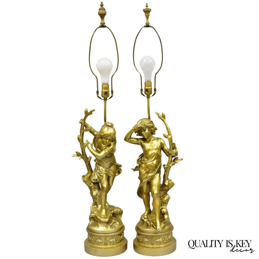 Antique L&F Moreau French Renaissance Gold Paint Metal Figural Table Lamps Pair