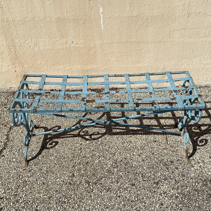Antique French Art Nouveau Scrolling Wrought Iron Metal Strap Garden Patio Bench