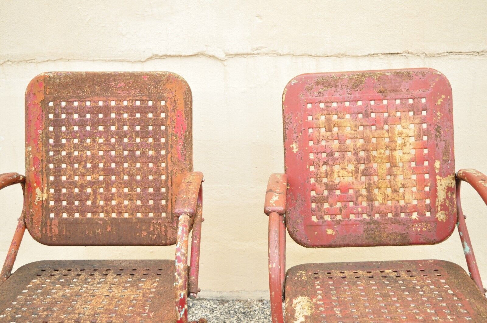 Antique Art Deco Basketweave Red Distress Paint Bouncer Garden Chairs - a Pair