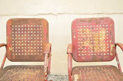 Antique Art Deco Basketweave Red Distress Paint Bouncer Garden Chairs - a Pair