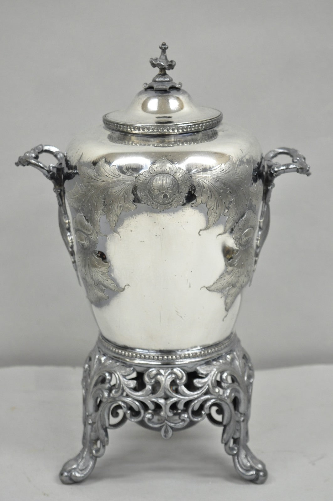 Antique Art Nouveau English Silver Plated Floral Repousse Samovar Coffee Tea Pot