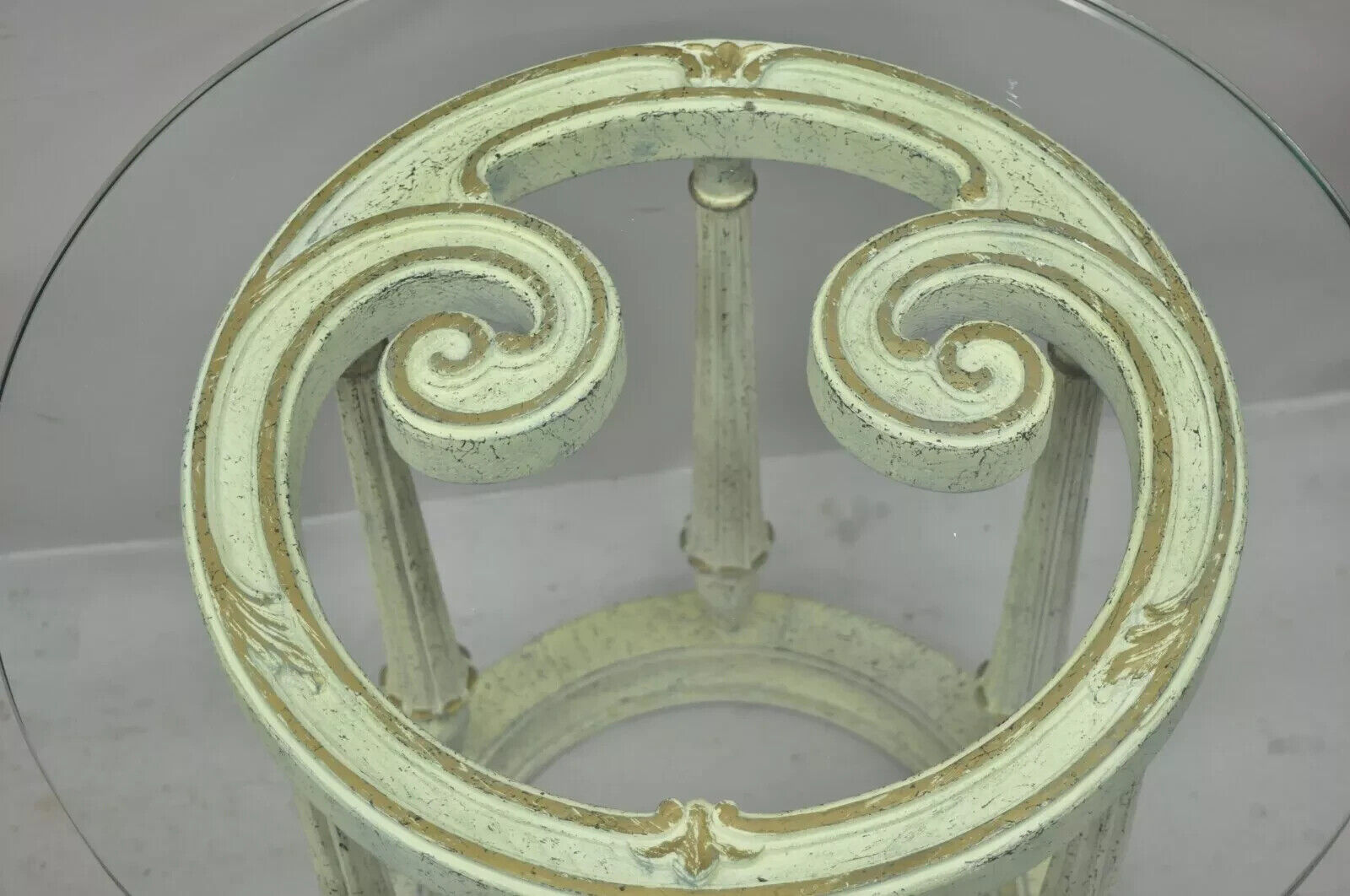 Italian Provincial Scrollwork Snail Glass Top Wooden Coffee Table Set - 3 Pc Set