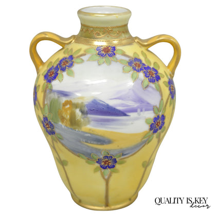 Antique Nippon Hand Painted Porcelain Moriage Mountain Scene Small Yellow Vase
