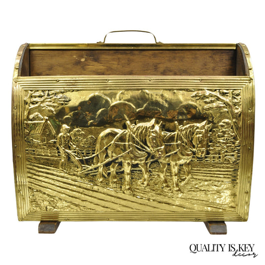 English Colonial Embossed Brass Farmer Horse-Drawn Plow Magazine Rack Holder