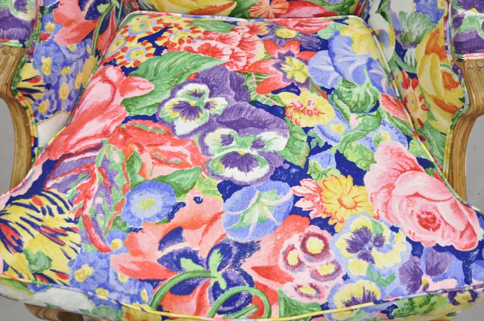 Vintage French Louis XV Country Provincial Floral Chintz Bergere Lounge Chair