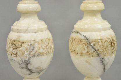 Vintage Italian Neoclassical Style Carved White Marble Urn Table Lamps - a Pair