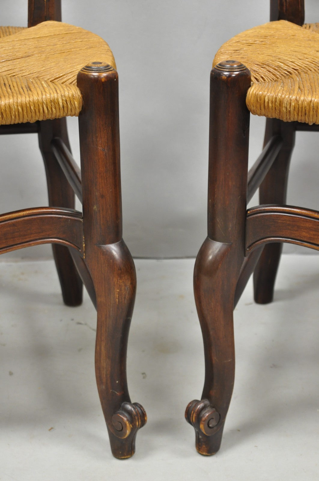 Antique William & Mary Style Carved Walnut Rose Rush Seat Side Chairs - a Pair