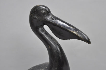 Vintage Japanese Cast Iron Black 17" Pelican Bird Garden Statue Sculpture