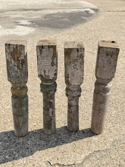 Antique French Farmhouse Turn Carved Wooden Baluster Spindle Table Legs Set of 4
