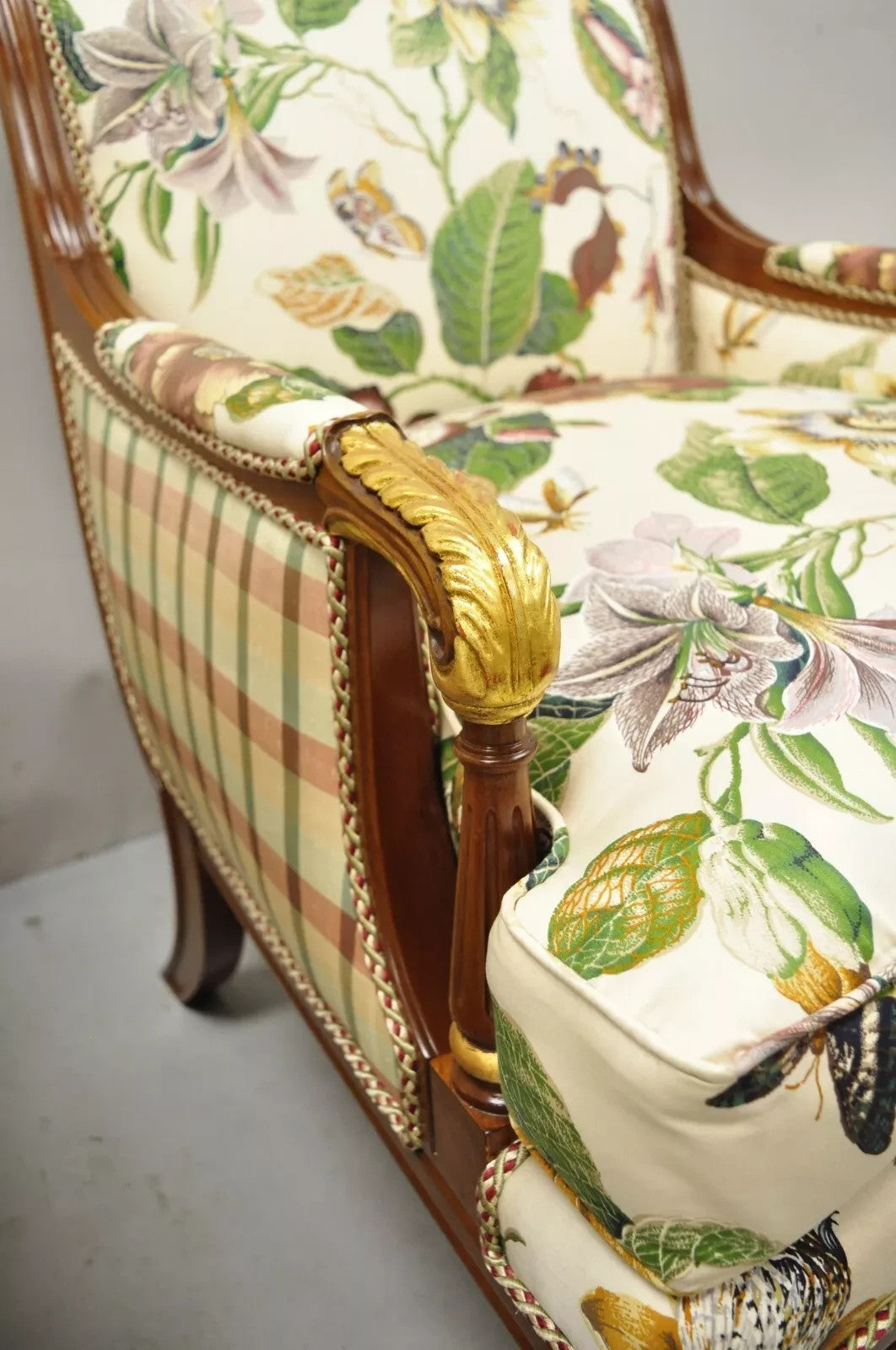 Vintage French Regency Style Floral Print Mahogany Bergere Lounge Chairs - Pair