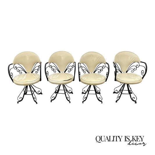 Vintage Hollywood Regency Wrought Iron Butterfly Swivel Dining Chairs - Set of 4