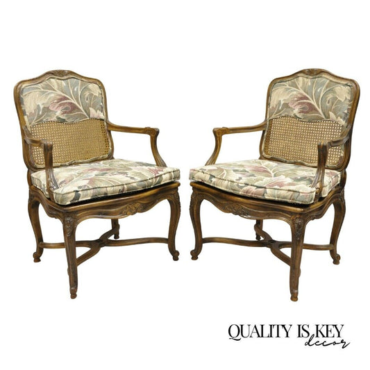 Pair Vintage French Country Louis XV Style Upholstery and Cane Lounge Arm Chairs