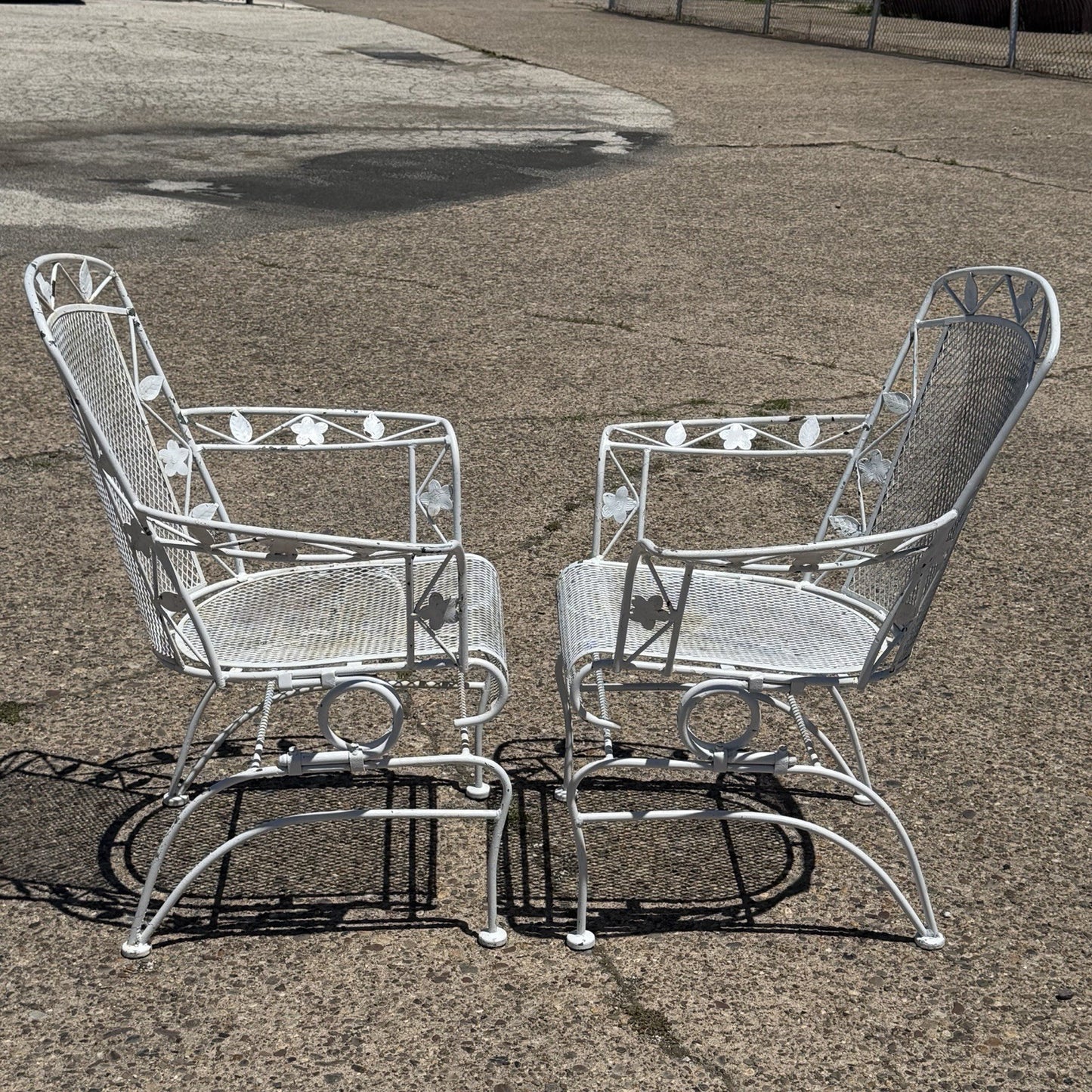Vintage Woodard Era Floral Wrought Iron Springer Garden Patio Arm Chair - a Pair