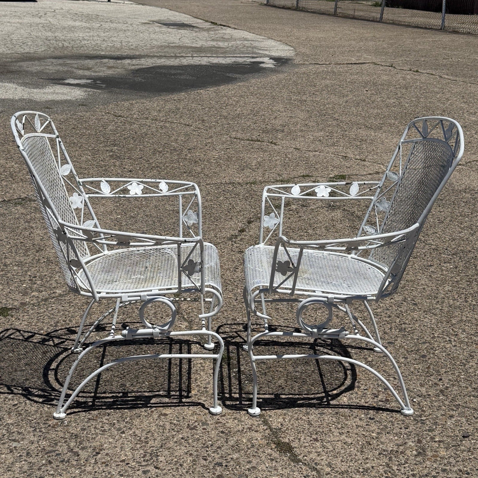 Vintage Woodard Era Floral Wrought Iron Springer Garden Patio Arm Chair - a Pair