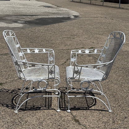 Vintage Woodard Era Floral Wrought Iron Springer Garden Patio Arm Chair - a Pair