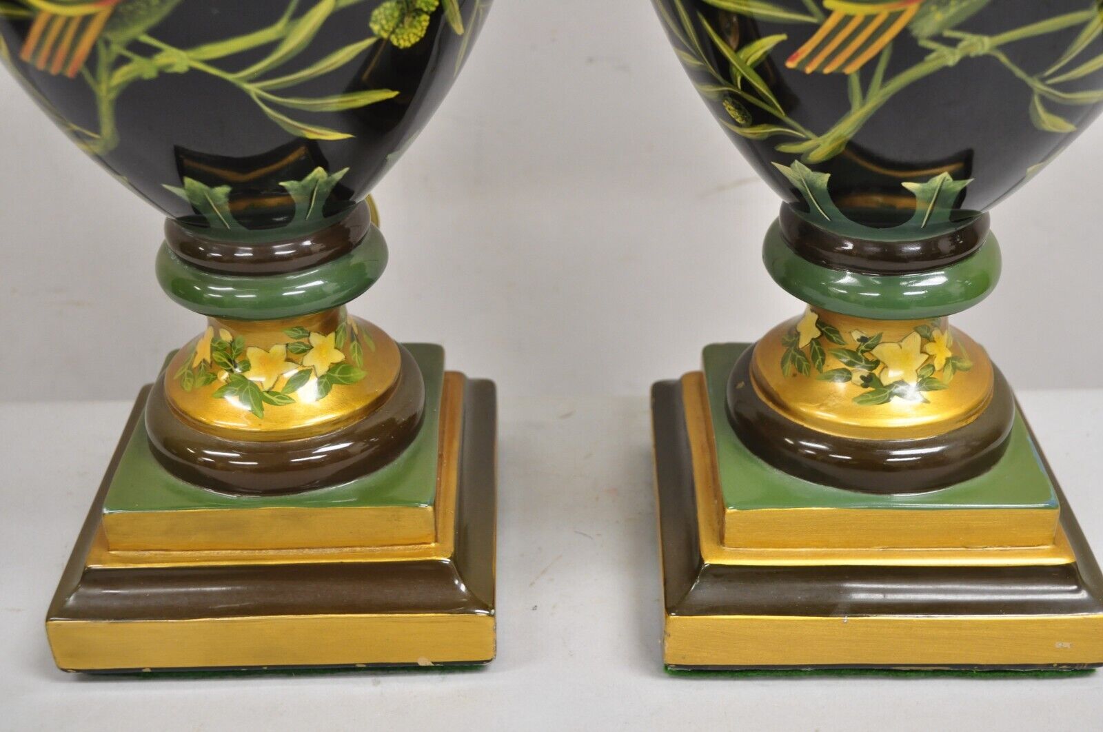 Decorator Hollywood Regency Ceramic Green "Birds of Paradise" Table Lamps - Pair